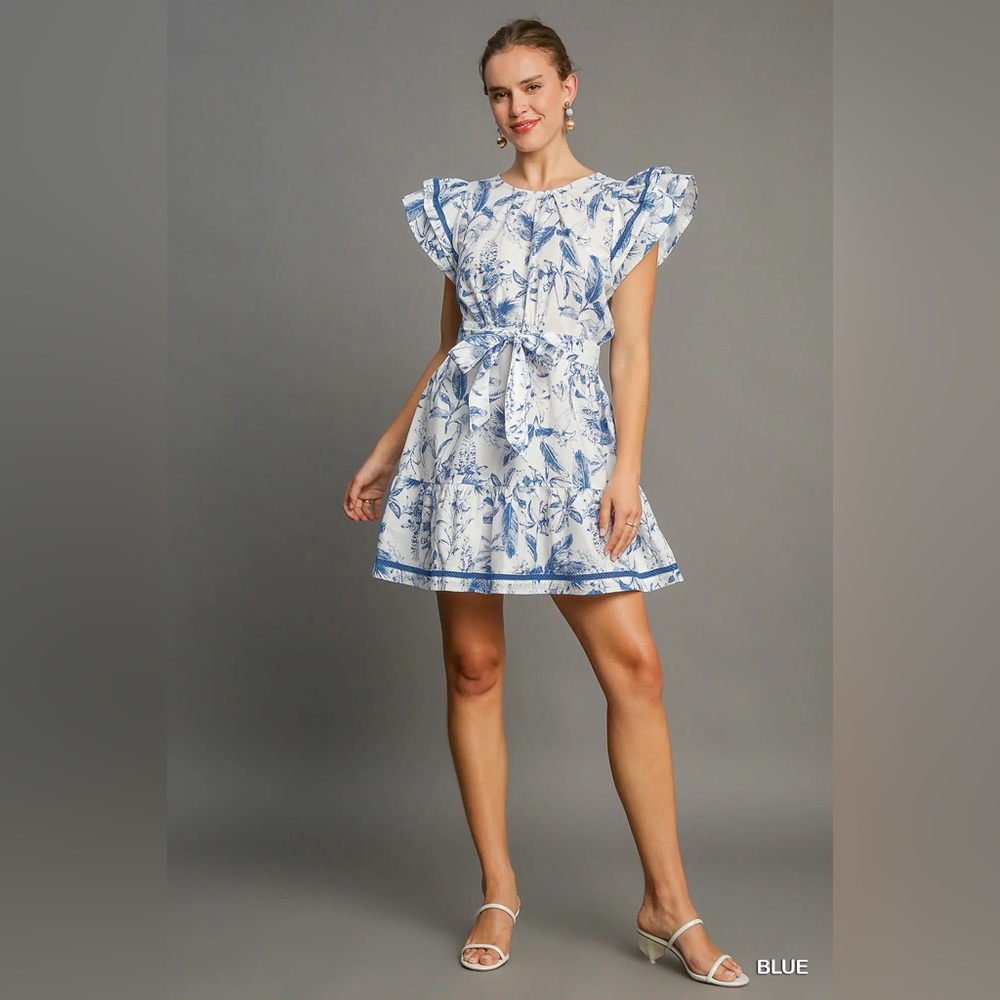 Umgee White and Blue Ruffle Sleeve Mini Dress